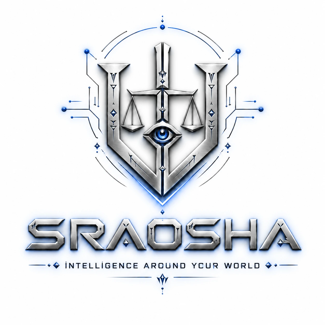 Approved SRAOSHA emblem: silver shield, scales and eye, blue accents on white.